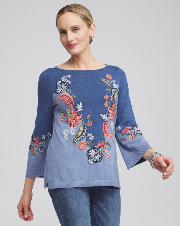 Women's Floral Embroidered Kurta Sweater - Faded Indigo Heather Med - Click Image to Close