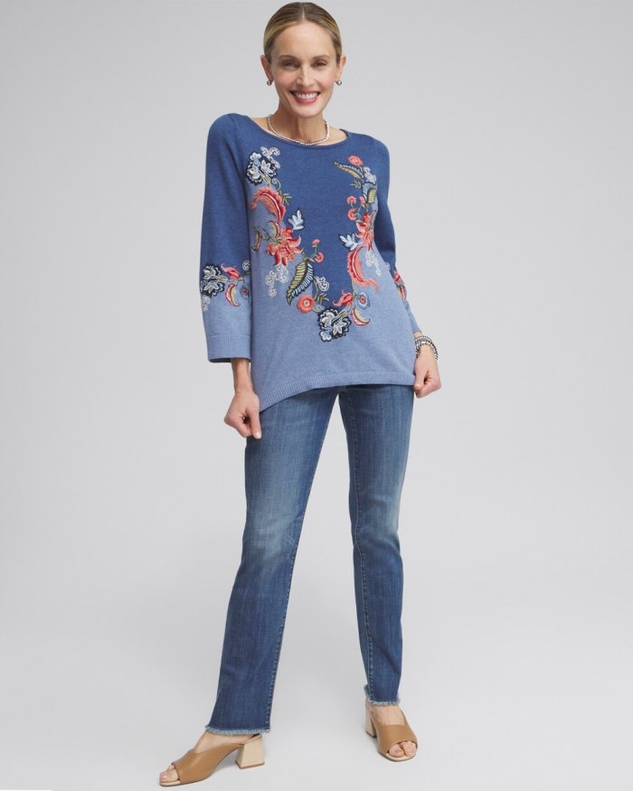 Women's Floral Embroidered Kurta Sweater - Faded Indigo Heather Med