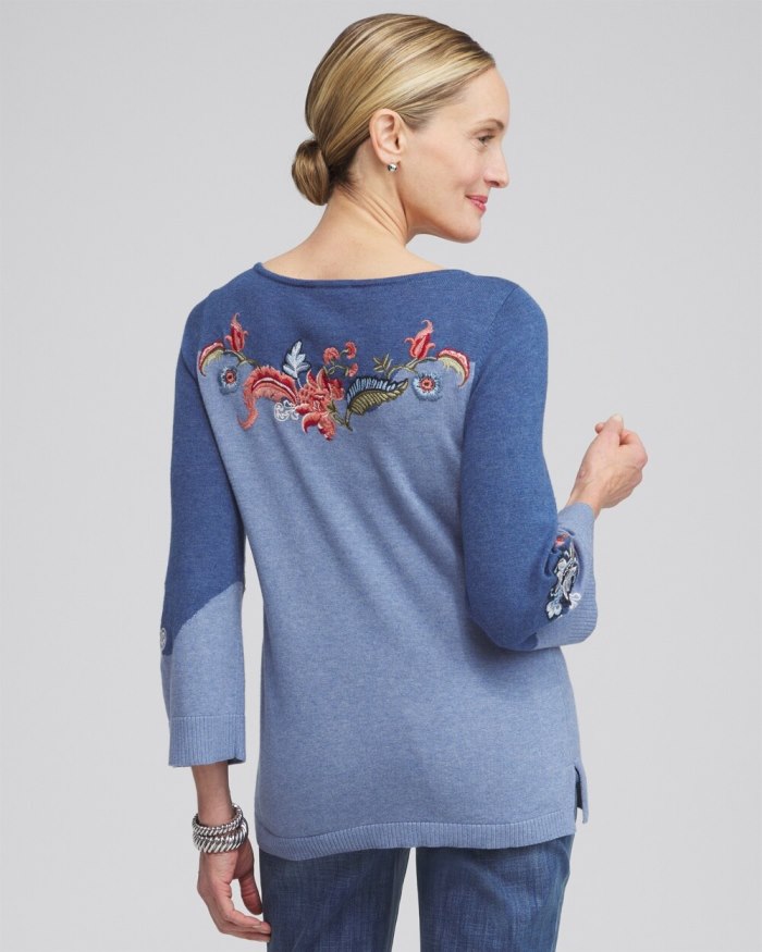 Women's Floral Embroidered Kurta Sweater - Faded Indigo Heather Med