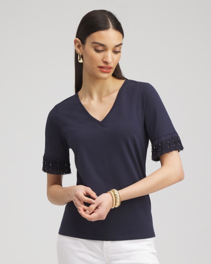 Women's Fringe Trim Top - Classic Navy - Click Image to Close