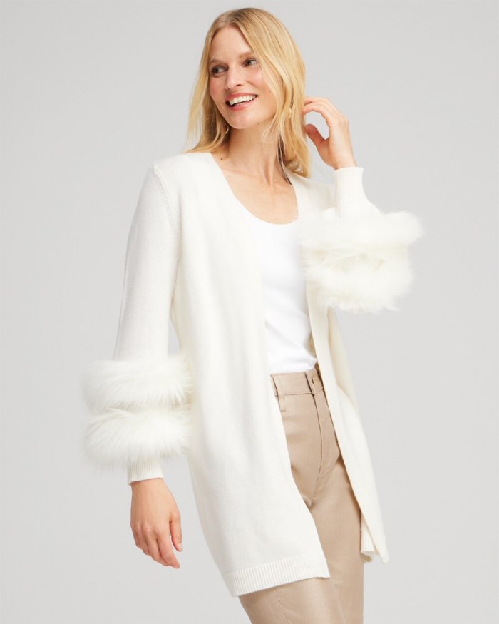 Women's Faux Fur Trim Cardigan - Ecru - Click Image to Close