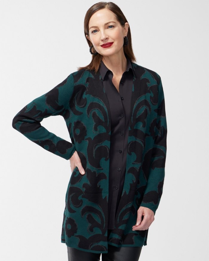 Women's Scroll Print Lurex Cardigan Sweater - Enchanted Forest