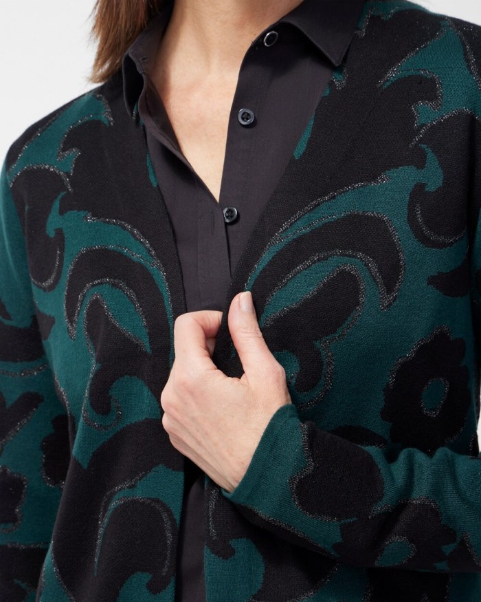 Women's Scroll Print Lurex Cardigan Sweater - Enchanted Forest