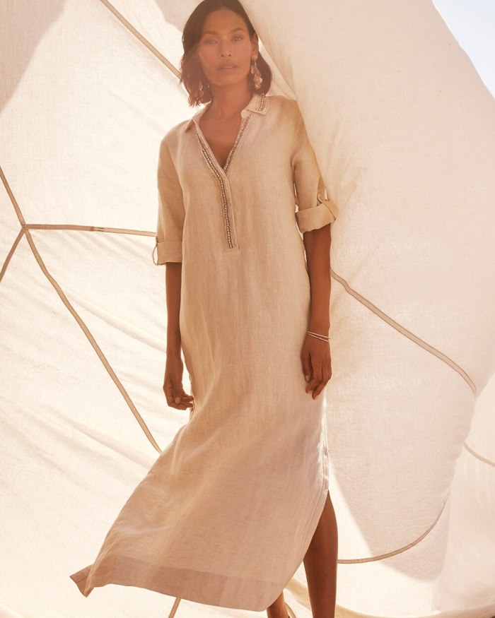 Women's Linen Embellished Maxi Shirt Dress - Oatmeal - Click Image to Close