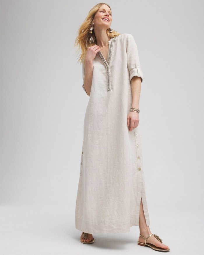 Women's Linen Embellished Maxi Shirt Dress - Oatmeal