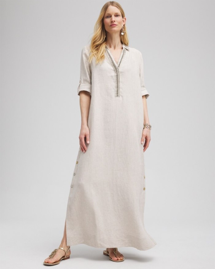 Women's Linen Embellished Maxi Shirt Dress - Oatmeal