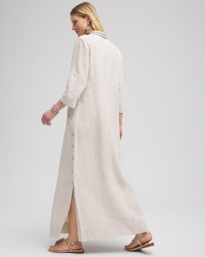 Women's Linen Embellished Maxi Shirt Dress - Oatmeal