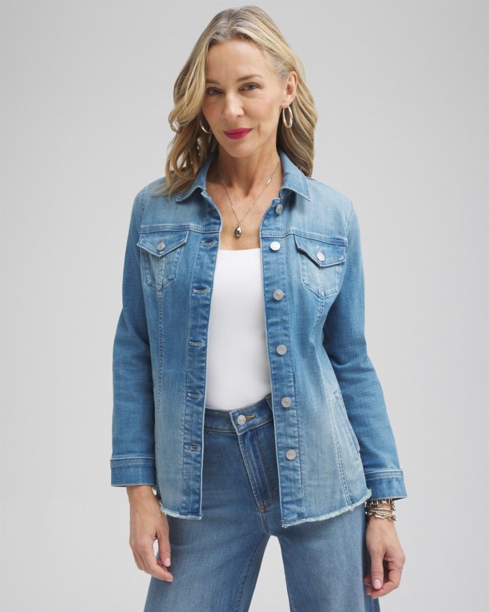 Women's Indigo Frayed Hem Denim Jacket - Delphine Indigo - Click Image to Close