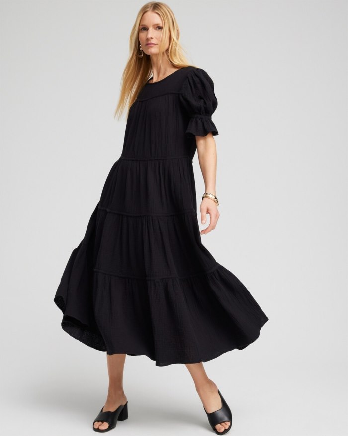 Women's Gauze Tiered Midi Dress - Black - Click Image to Close