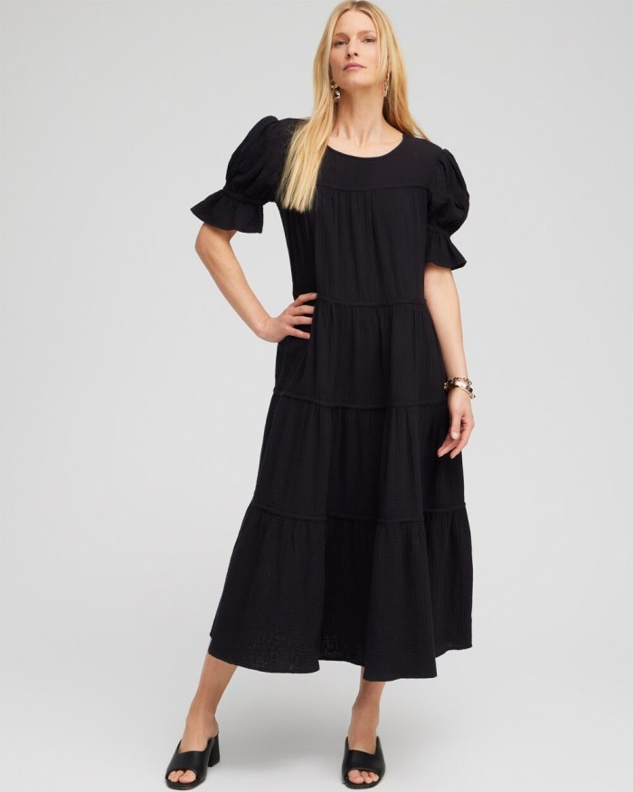 Women's Gauze Tiered Midi Dress - Black