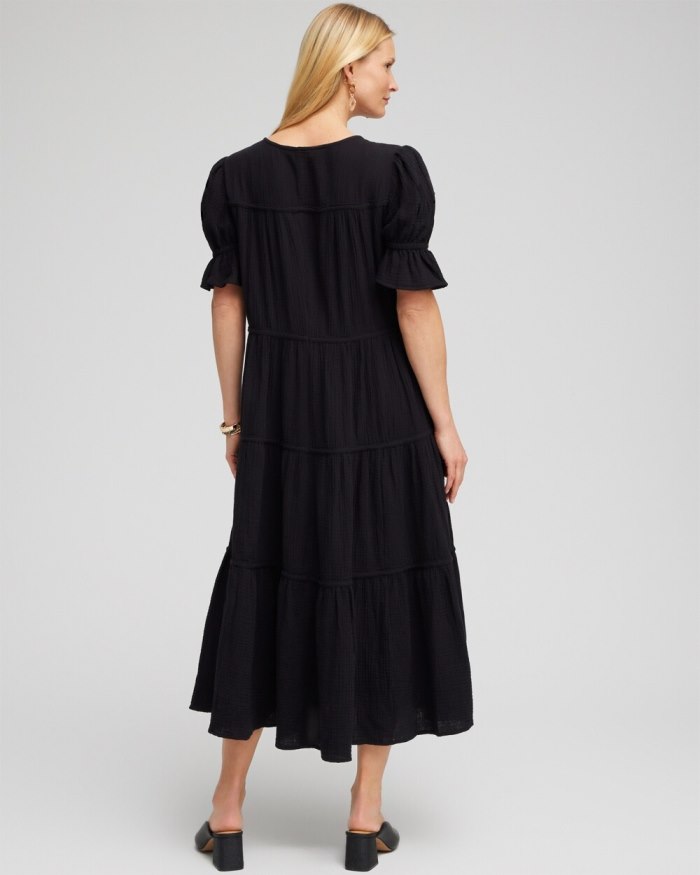 Women's Gauze Tiered Midi Dress - Black