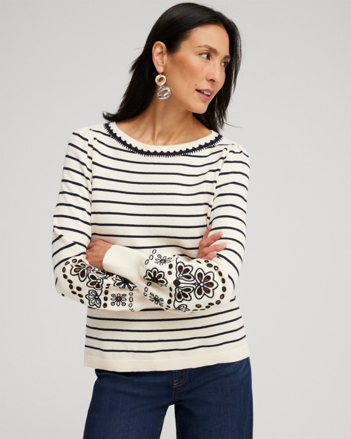 Women's Embroidered Stripe Pullover Sweater - English Cream