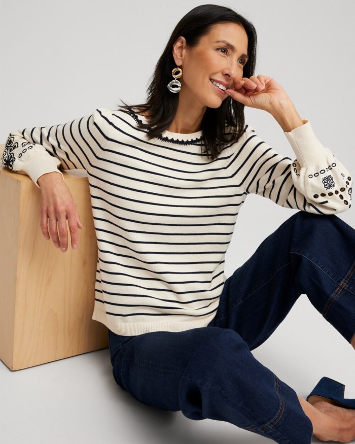 Women's Embroidered Stripe Pullover Sweater - English Cream