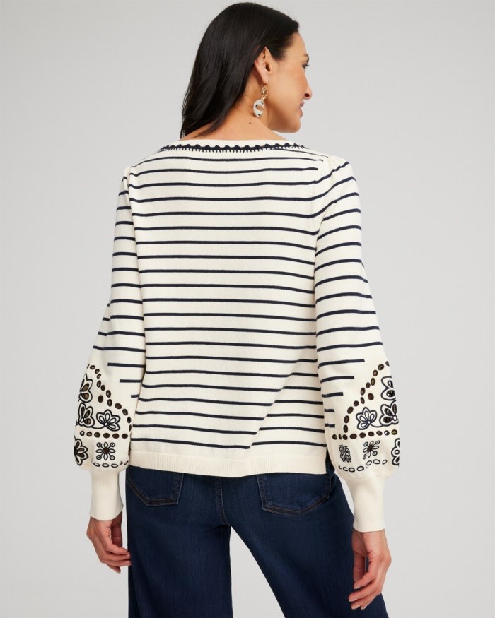 Women's Embroidered Stripe Pullover Sweater - English Cream