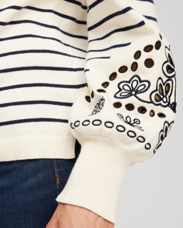 Women's Embroidered Stripe Pullover Sweater - English Cream