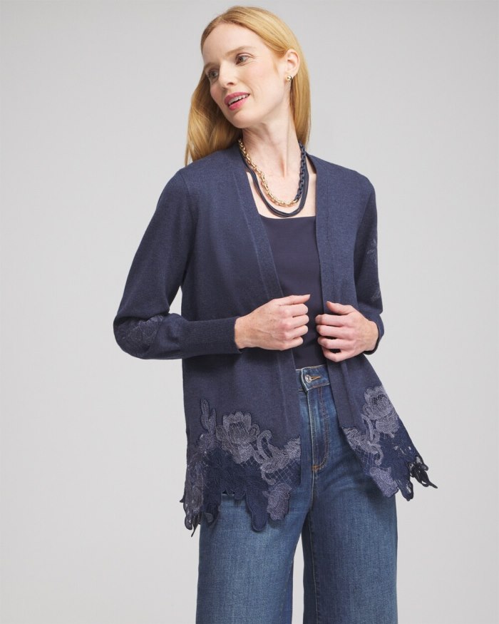 Women's Cashmere Blend Lace Hem Cardigan - Dark Denim Heather - Click Image to Close