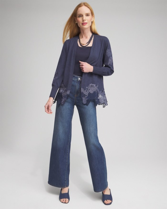 Women's Cashmere Blend Lace Hem Cardigan - Dark Denim Heather