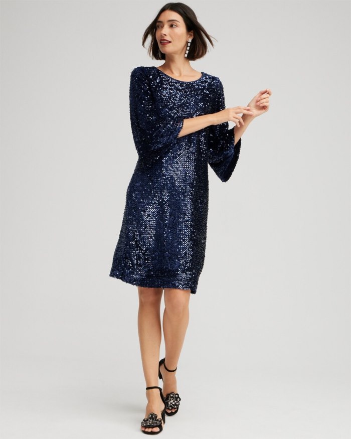 Women's Velvet Sequin Bell Sleeve Dress - Midnight - Click Image to Close