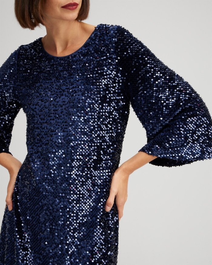 Women's Velvet Sequin Bell Sleeve Dress - Midnight