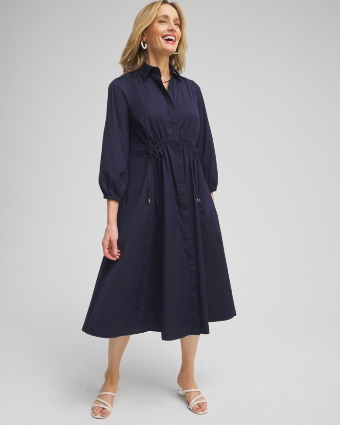 Women's Poplin Adjustable Waist Shirt Dress - Classic Navy - Click Image to Close