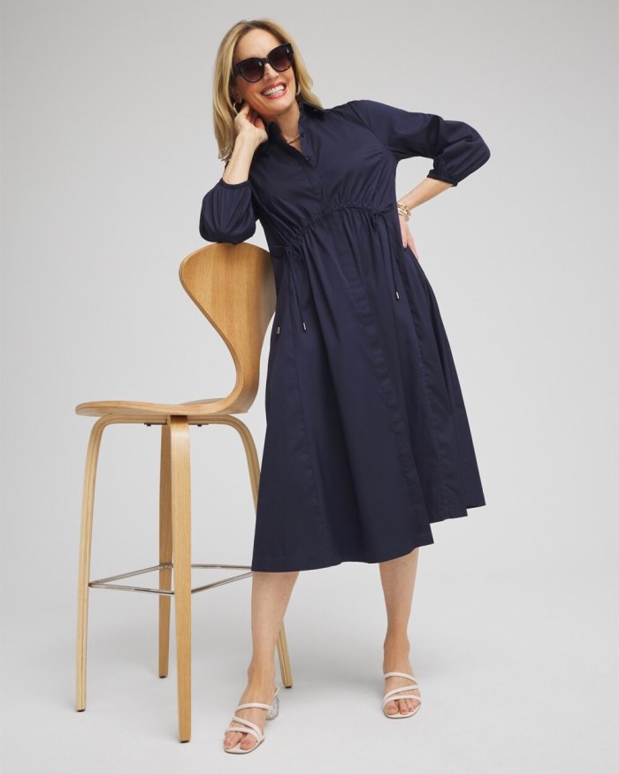 Women's Poplin Adjustable Waist Shirt Dress - Classic Navy