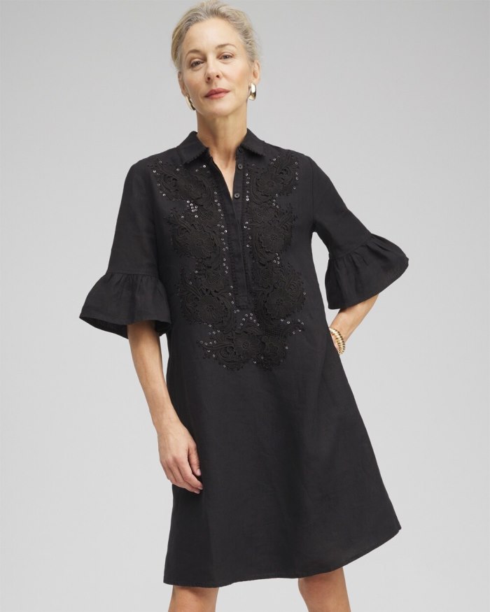 Women's Linen Lace Applique Dress - Black