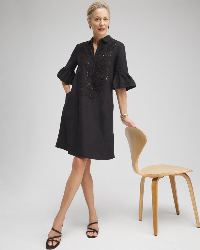 Women's Linen Lace Applique Dress - Black