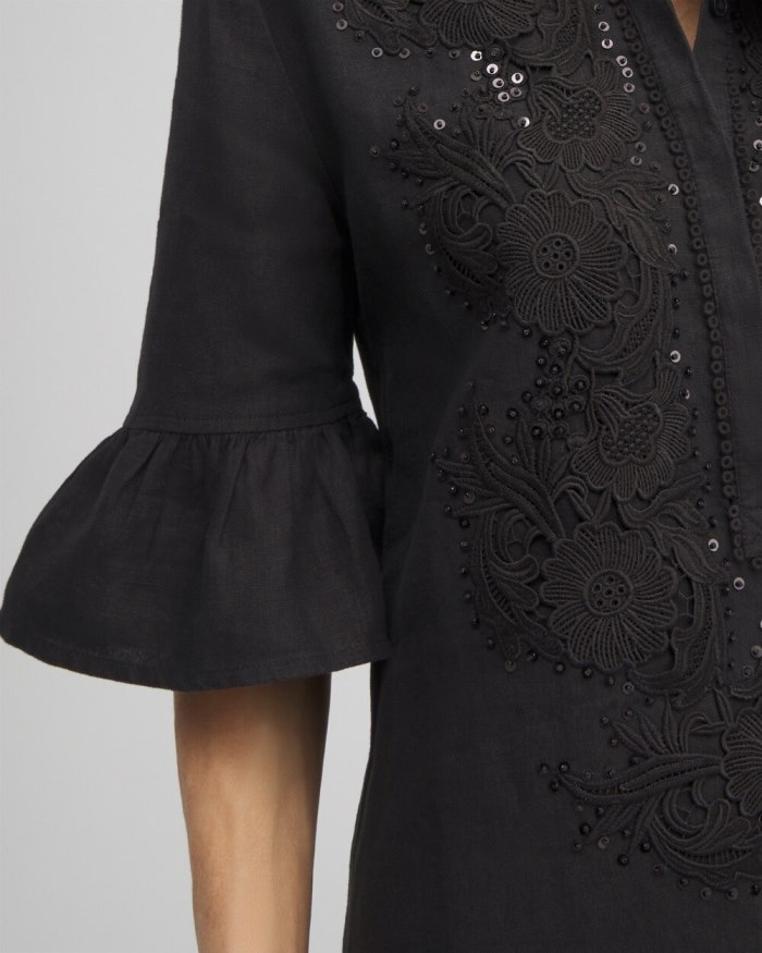 Women's Linen Lace Applique Dress - Black