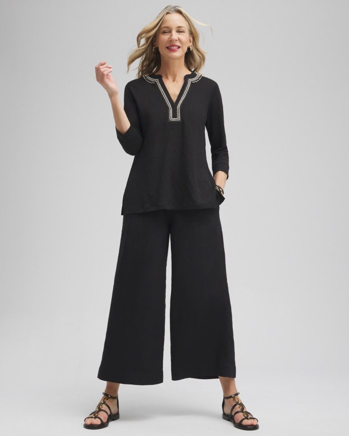 Women's Linen Embellished Tunic - Black