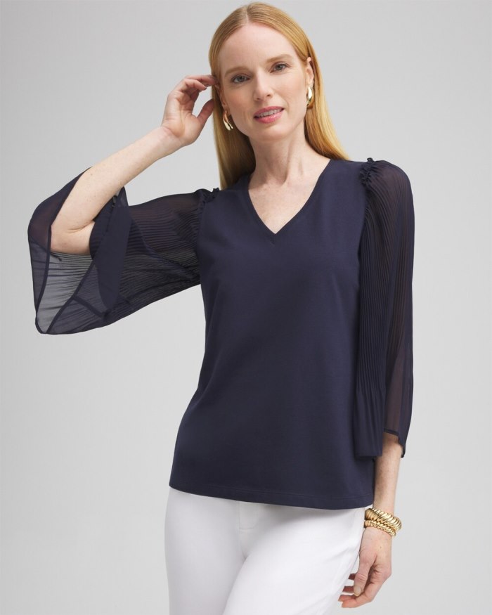 Women's Pleated Billow Sleeve Top - Classic Navy - Click Image to Close