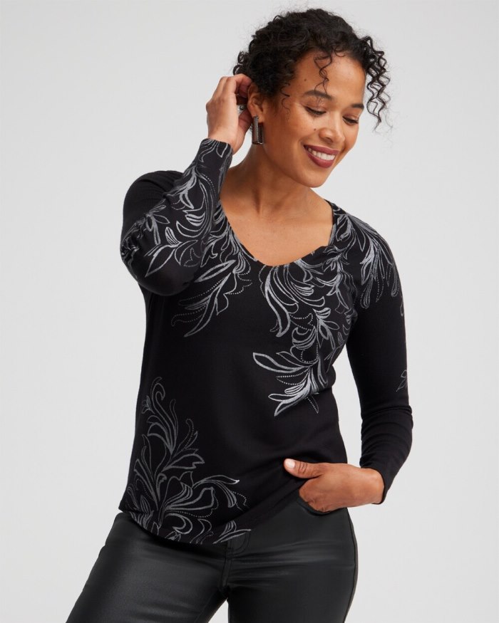 Women's Foil Detail V-neck Pullover Sweater - Black