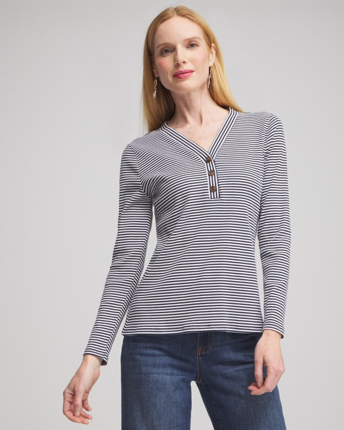 Women's Stripe Ribbed Henley Tee - Classic Navy