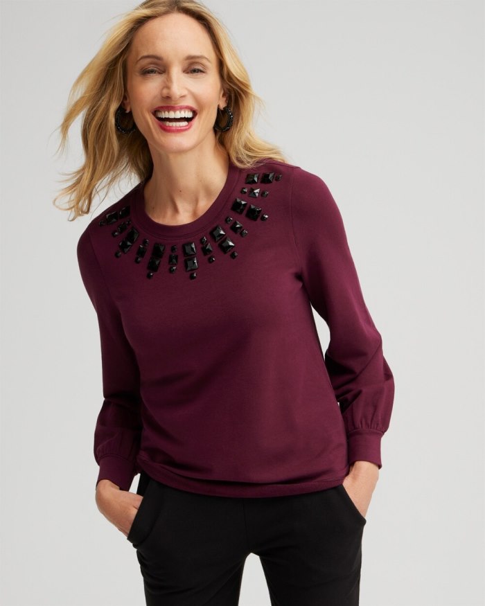 Women's Zenergy Rhinestone Neck Sweatshirt - Deep Merlot