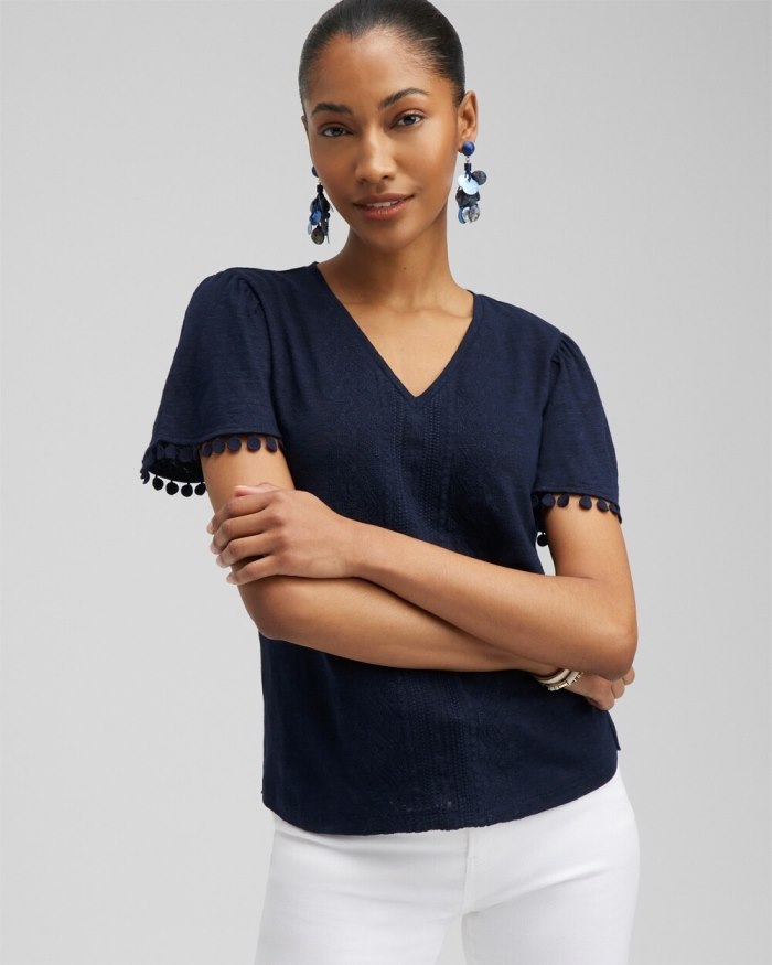 Women's Linen Embroidered Flutter Sleeve Top - Classic Navy