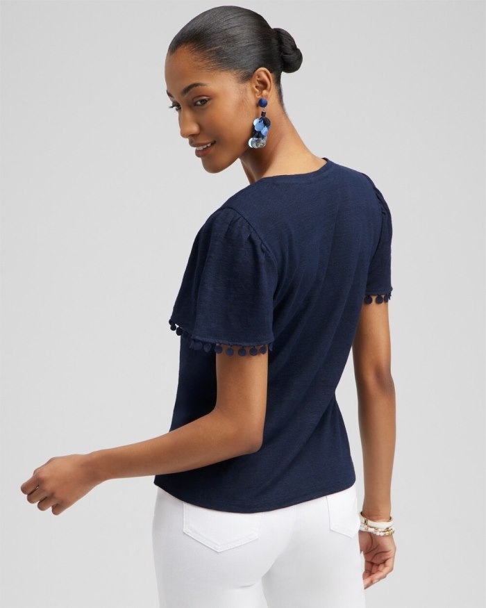 Women's Linen Embroidered Flutter Sleeve Top - Classic Navy