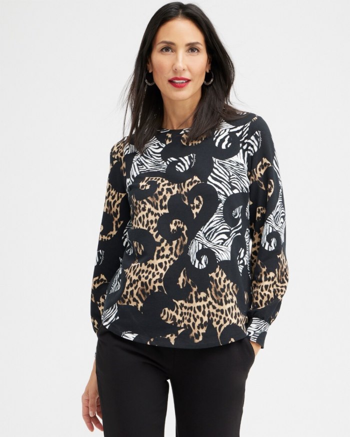 Women's Zenergy Mixed Animal Print Sweatshirt - Black - Click Image to Close