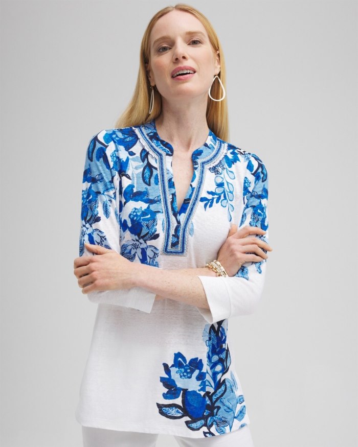 Women's Linen Floral Embellished Tunic - Intense Azure