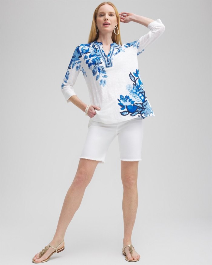 Women's Linen Floral Embellished Tunic - Intense Azure