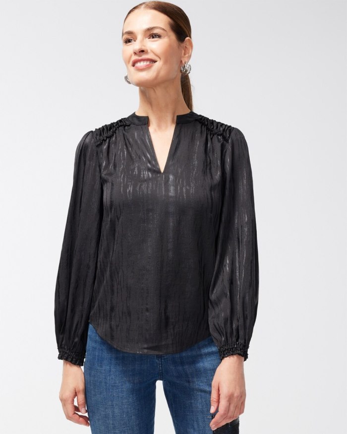 Women's Shimmery Pintuck Shirt - Black - Click Image to Close