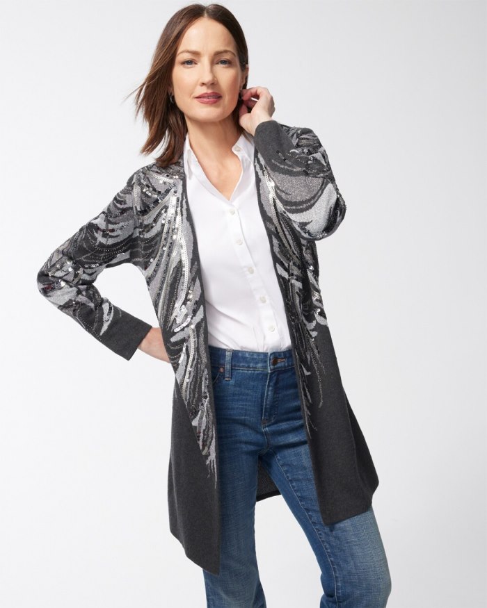 Women's Embellished Jacquard Cardigan Sweater - Graphite Heather Gray - Click Image to Close