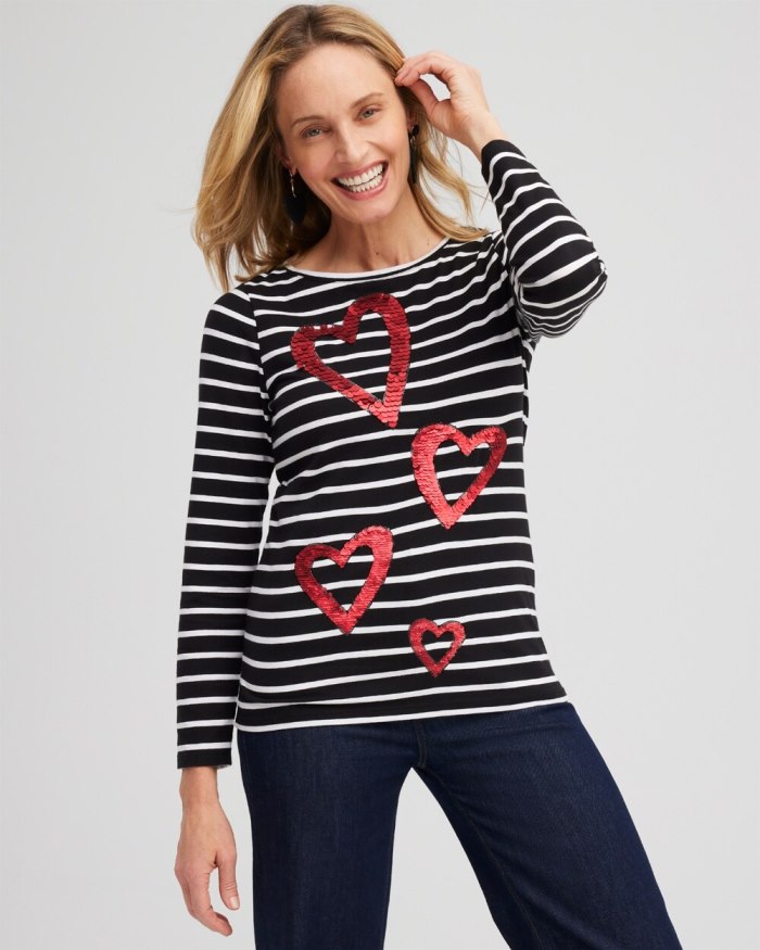 Women's Stripe Sequin Hearts Tee - Black - Click Image to Close