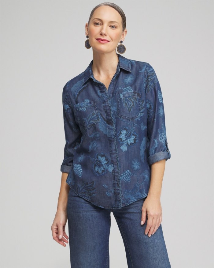 Women's Twill Floral Fringe Shirt - Denim - Click Image to Close