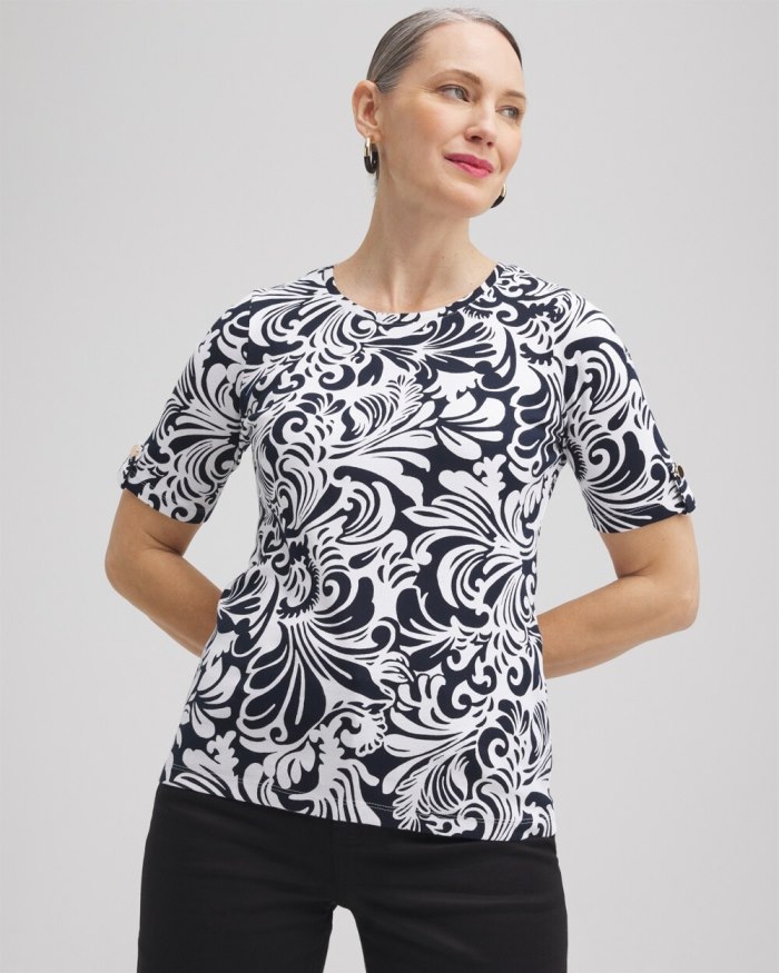 Women's Scrolls Elbow Sleeve Cotton Tee - Black