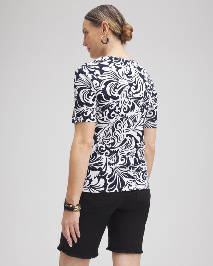 Women's Scrolls Elbow Sleeve Cotton Tee - Black