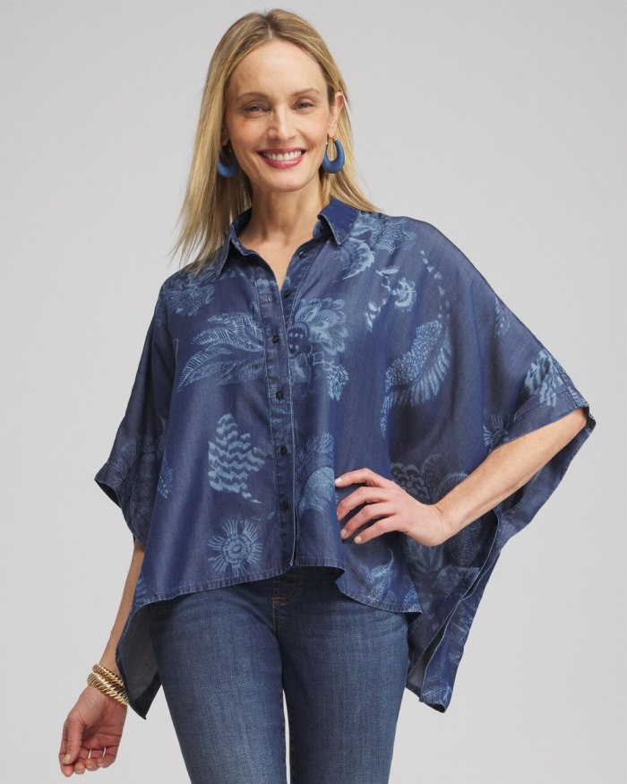 Women's Floral Button Front Poncho - Indigo