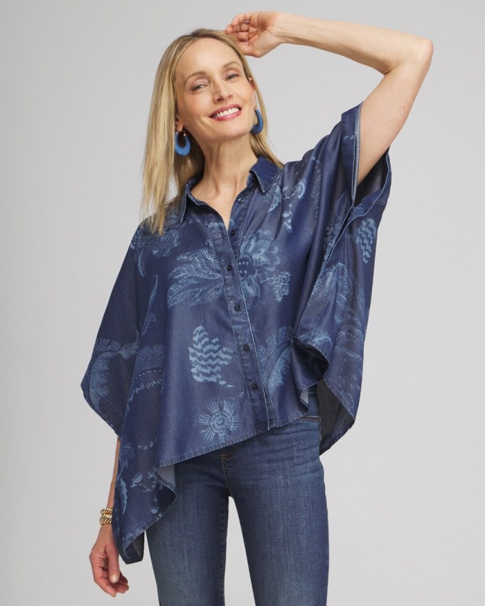 Women's Floral Button Front Poncho - Indigo