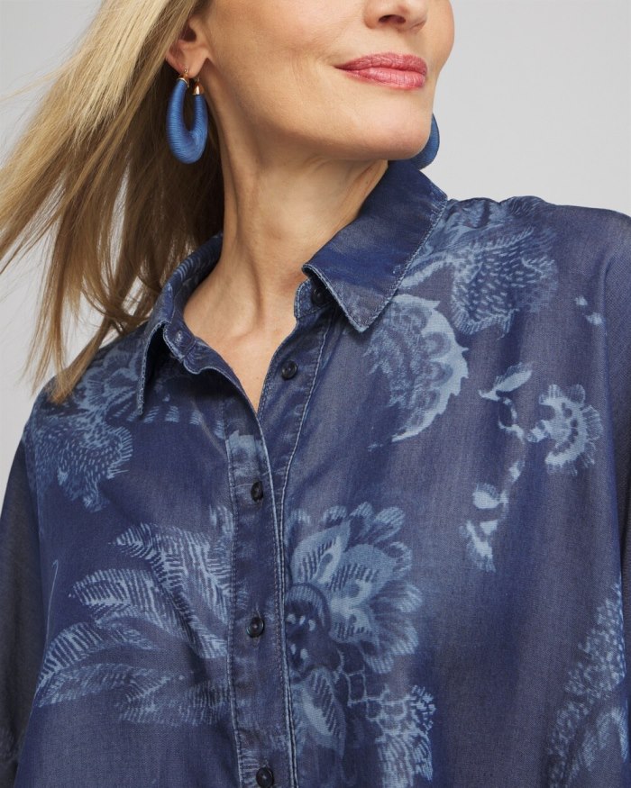 Women's Floral Button Front Poncho - Indigo