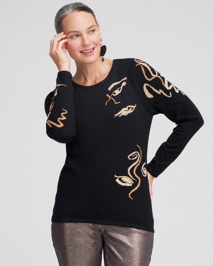 Women's Abstract Print Eyelash Pullover Sweater - Black - Click Image to Close