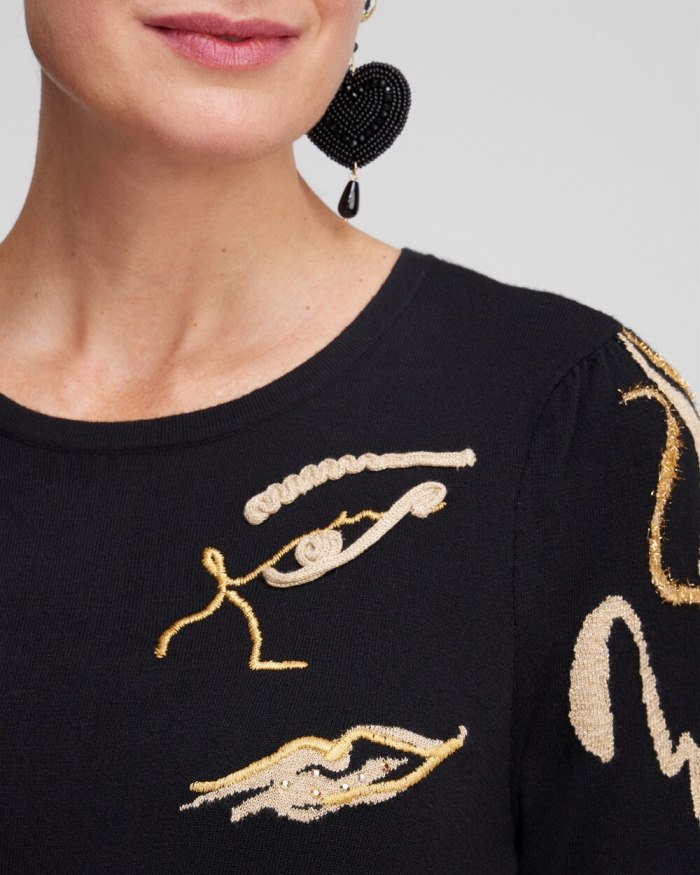 Women's Abstract Print Eyelash Pullover Sweater - Black