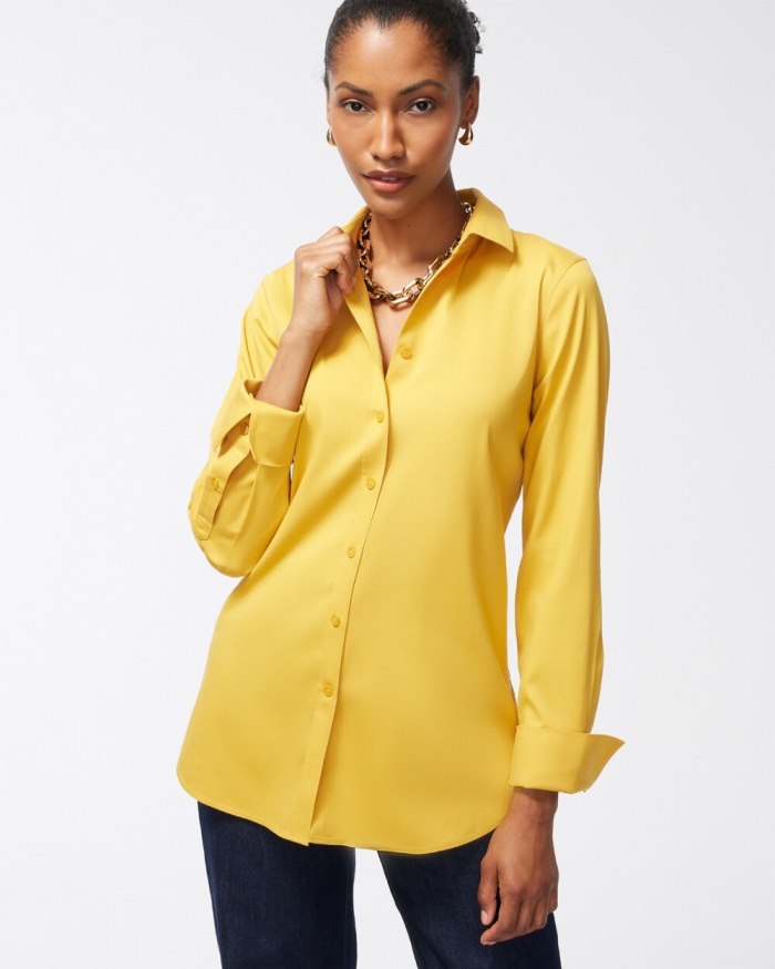 Women's No Iron Stretch Shirt - Bright Ochre - Click Image to Close